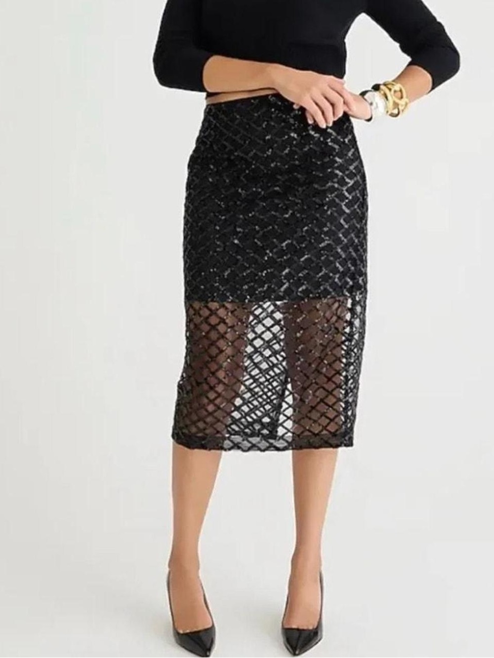 NWT! J. Crew Collection Black Sequin Lattice Mesh Midi Skirt Sz 2 6135